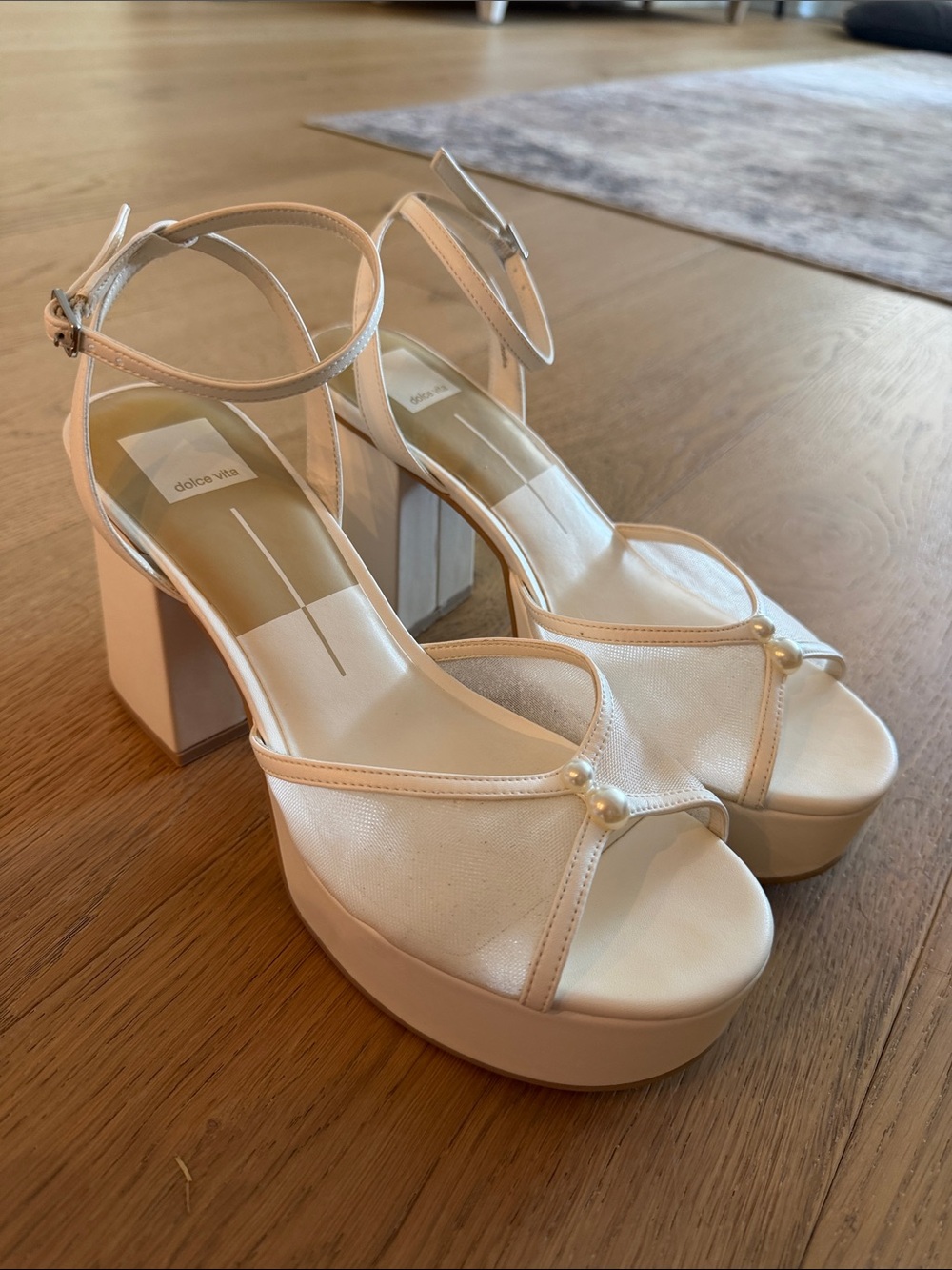 Dolce Vita Cream Platform Sandals with Pearl Accent